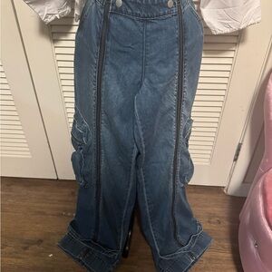 Fashion Nova Dark Blue Denim Overalls with Front Zip